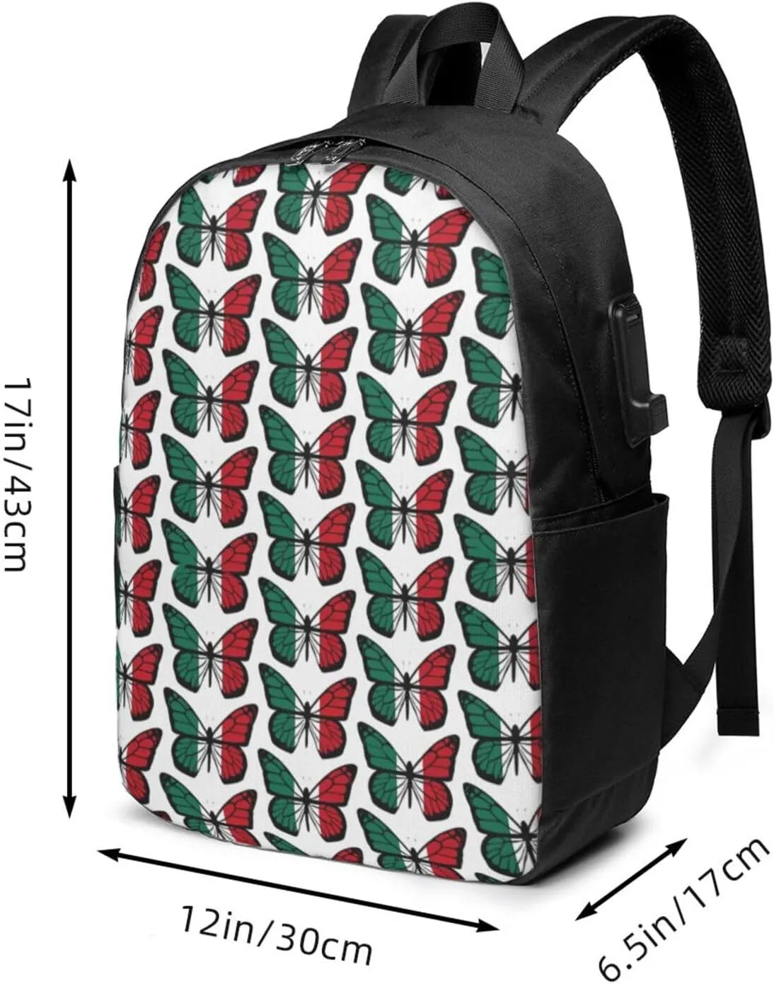 Mexican Flag Butterfly Laptop Backpacks Travel Backpack Casual Business Daypack Sport Rucksack Computer Bag Fits up to 17 Inch Notebook with USB Port