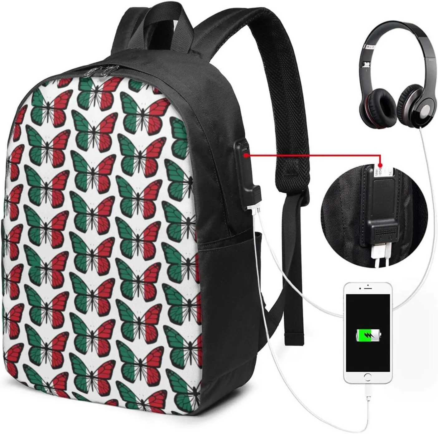 Mexican Flag Butterfly Laptop Backpacks Travel Backpack Casual Business Daypack Sport Rucksack Computer Bag Fits up to 17 Inch Notebook with USB Port