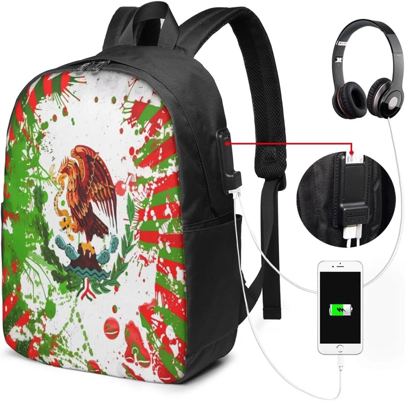 Mexican Flag Viva México Art Laptop Backpacks Travel Backpack Casual Business Daypack Sport Rucksack Computer Bag Fits up to 17 Inch Notebook with USB Port