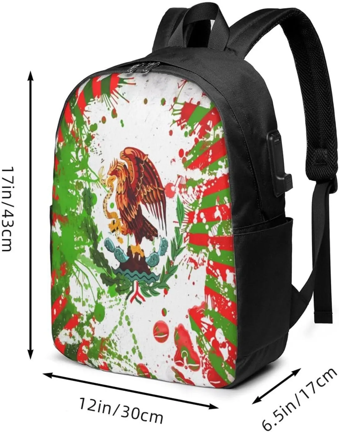 Mexican Flag Viva México Art Laptop Backpacks Travel Backpack Casual Business Daypack Sport Rucksack Computer Bag Fits up to 17 Inch Notebook with USB Port