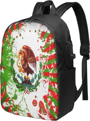 Mexican Flag Viva México Art Laptop Backpacks Travel Backpack Casual Business Daypack Sport Rucksack Computer Bag Fits up to 17 Inch Notebook with USB Port