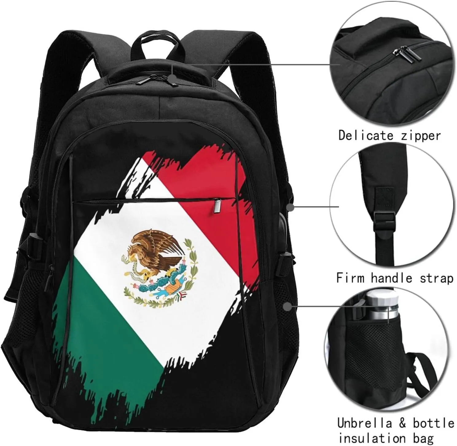 Mexico Mexican Eagle Flag Casual Travel Backpacks Hiking Camping Backpack Large Outdoor Sport Daypack Laptop Rucksack Climbing Working Bags with USB Port
