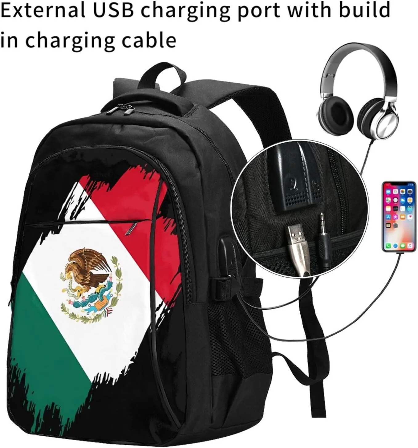 Mexico Mexican Eagle Flag Casual Travel Backpacks Hiking Camping Backpack Large Outdoor Sport Daypack Laptop Rucksack Climbing Working Bags with USB Port