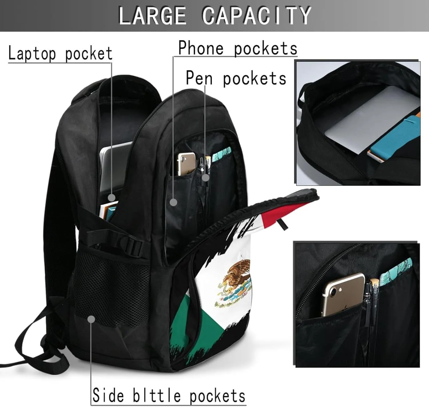 Mexico Mexican Eagle Flag Casual Travel Backpacks Hiking Camping Backpack Large Outdoor Sport Daypack Laptop Rucksack Climbing Working Bags with USB Port