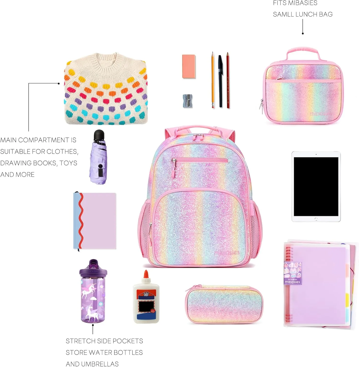 mibasies Girls Backpack 5-8: Glitter Kids Backpacks for Girls - Girl Bookbag for Elementary School - Rainbow Pink