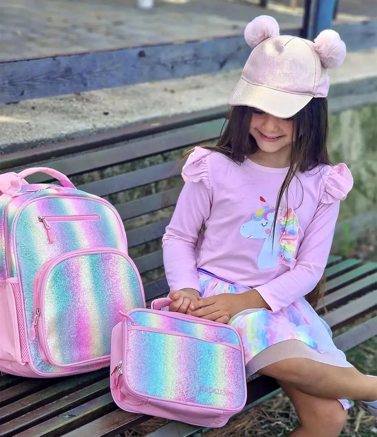 mibasies Girls Backpack 5-8: Glitter Kids Backpacks for Girls - Girl Bookbag for Elementary School - Rainbow Pink