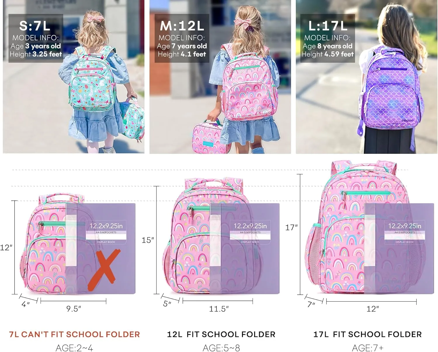 mibasies Girls Backpack 5-8: Lightweight Kids Backpacks for Girls - Girl Bookbag for Elementary School - Rainbow Pink