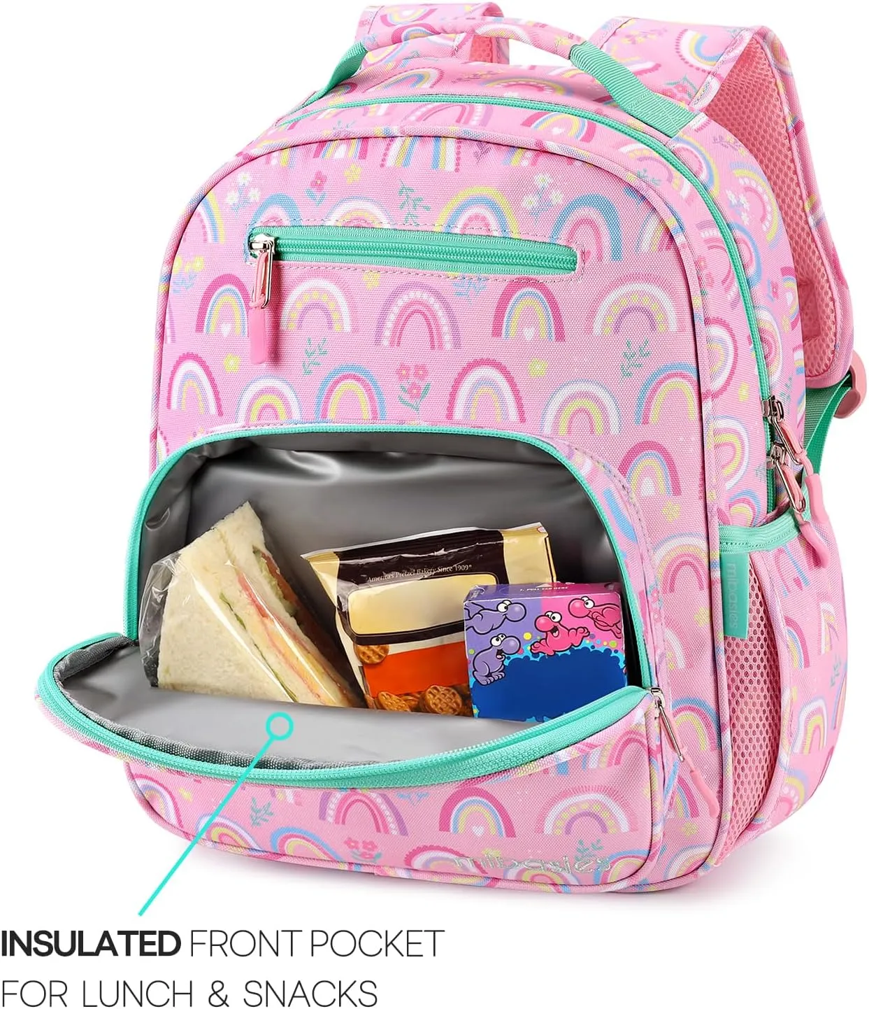 mibasies Girls Backpack 5-8: Lightweight Kids Backpacks for Girls - Girl Bookbag for Elementary School - Rainbow Pink