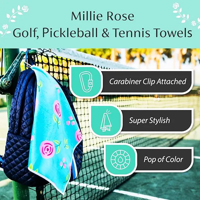 Millie Rose Pickleball Towels in Fashionable Prints - Cute 15x17 inch Microfiber & Cotton Athletic Towels with Carabiner Clip - Pickleball Accessories, Pickleball Gifts (Retro Pickle)