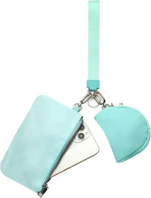 Mini Zip Around Wristlet Keychain Wallet for Women Detachable Dual Pouch Wristlet Portable Phone Coin Purse Coin Pocket (Light Blue Dark Blue)