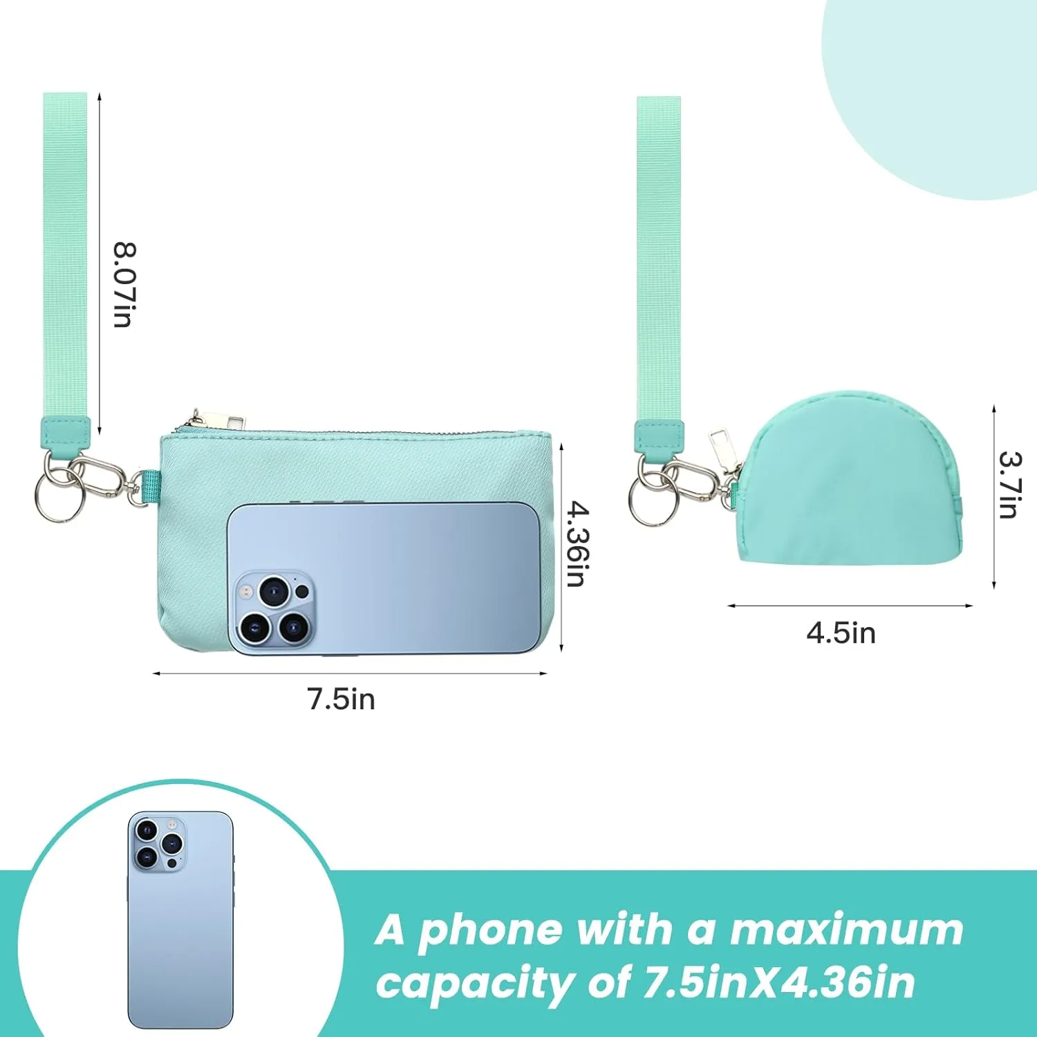 Mini Zip Around Wristlet Keychain Wallet for Women Detachable Dual Pouch Wristlet Portable Phone Coin Purse Coin Pocket (Light Blue Dark Blue)