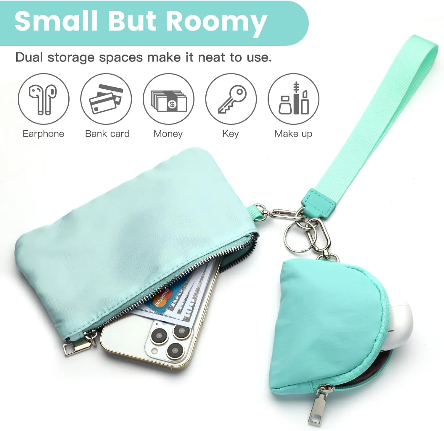 Mini Zip Around Wristlet Keychain Wallet for Women Detachable Dual Pouch Wristlet Portable Phone Coin Purse Coin Pocket (Light Blue Dark Blue)