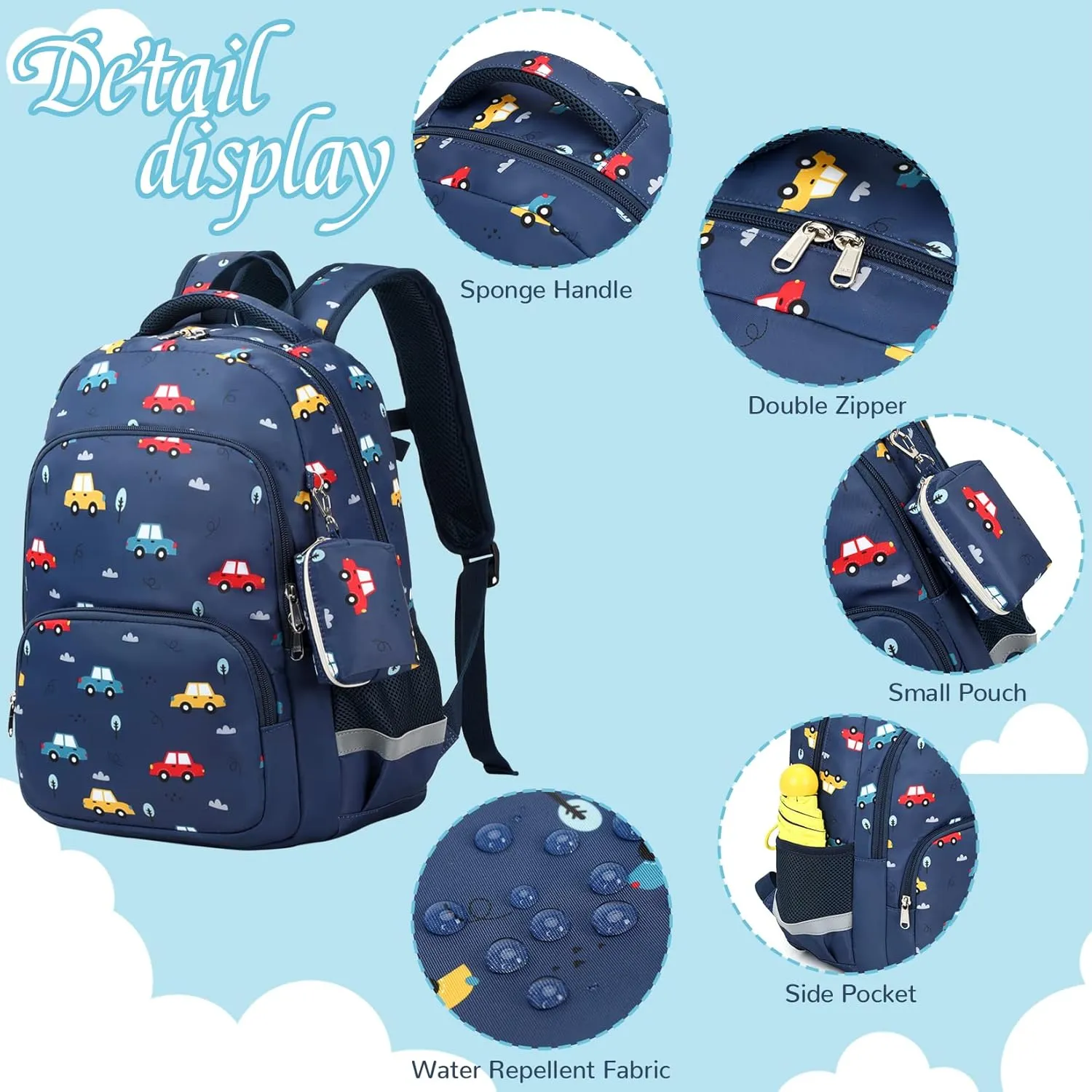 MIRLEWAIY Backpack for kids Boys Girls School Book Bag Children Student Daypack with Lunch Box, Blue Car and Airplane 15.7 inch