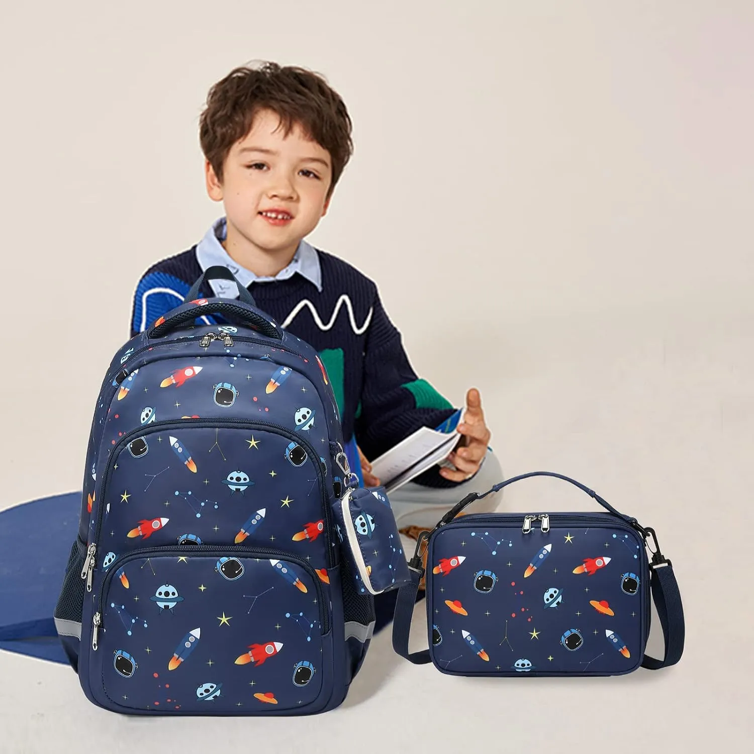 MIRLEWAIY Backpack for kids Boys Girls School Book Bag Children Student Daypack with Lunch Box, Blue Car and Airplane 15.7 inch