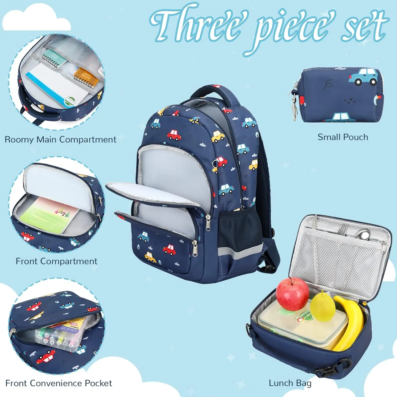 MIRLEWAIY Backpack for kids Boys Girls School Book Bag Children Student Daypack with Lunch Box, Blue Car and Airplane 15.7 inch