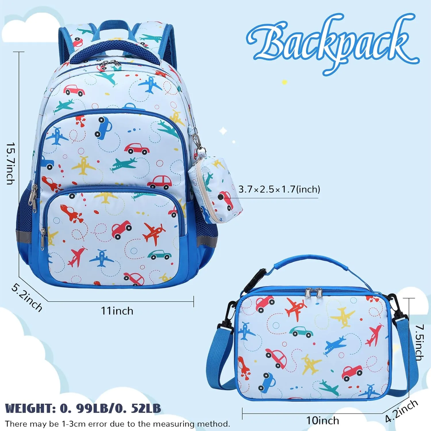 MIRLEWAIY Backpack for kids Boys Girls School Book Bag Children Student Daypack with Lunch Box, Blue Car and Airplane 15.7 inch
