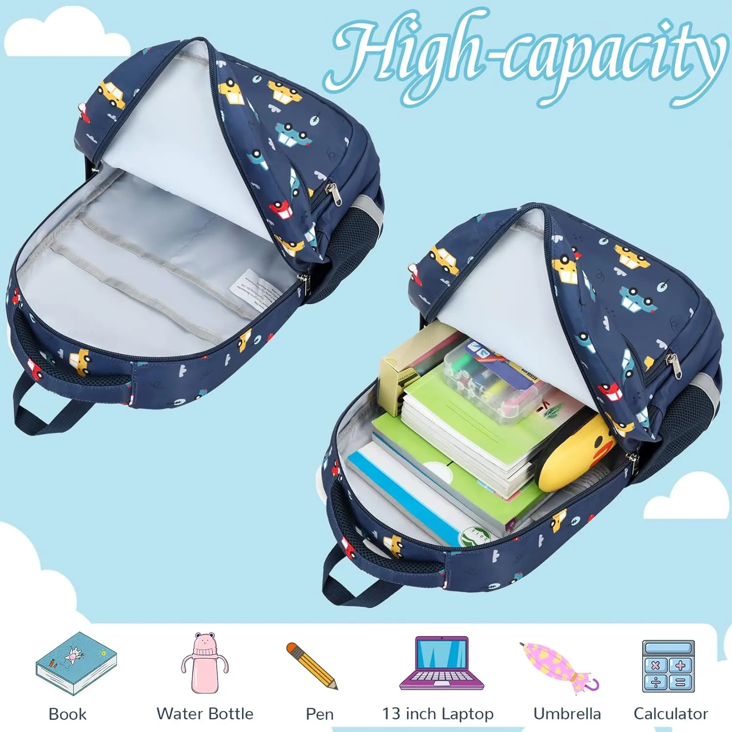 MIRLEWAIY Backpack for kids Boys Girls School Book Bag Children Student Daypack with Lunch Box, Blue Car and Airplane 15.7 inch