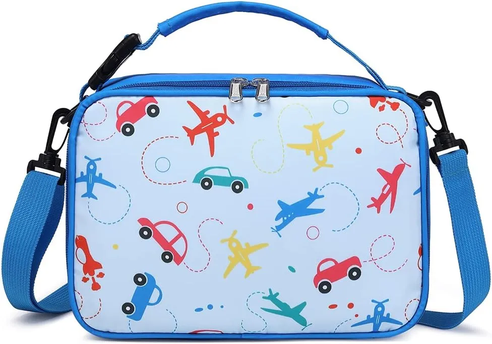 MIRLEWAIY Backpack for kids Boys Girls School Book Bag Children Student Daypack with Lunch Box, Blue Car and Airplane 15.7 inch