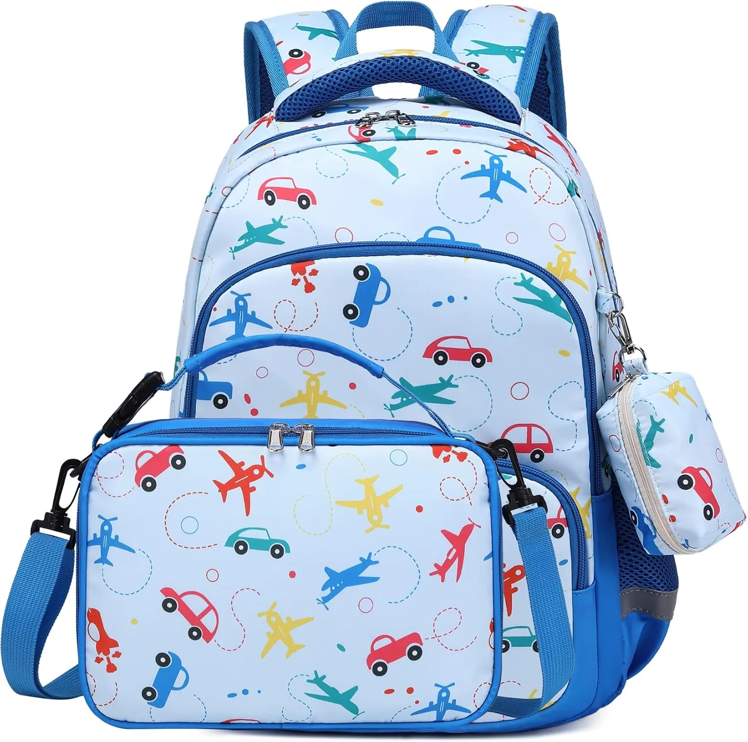 MIRLEWAIY Backpack for kids Boys Girls School Book Bag Children Student Daypack with Lunch Box, Blue Car and Airplane 15.7 inch