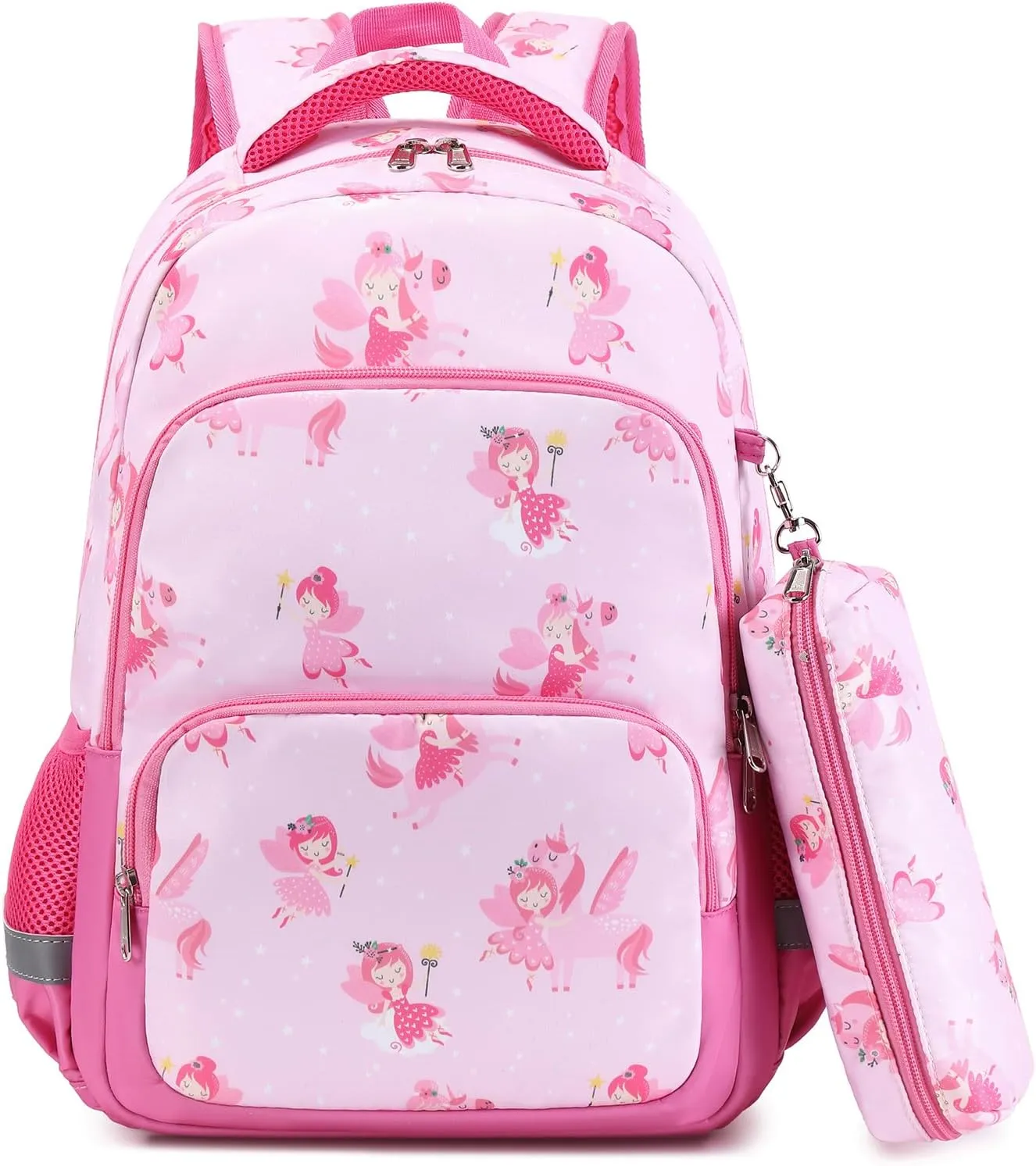 MIRLEWAIY Girls School Backpack Kids for Primary Student with Insulated Lunch Bag Pencil Case, Cute Elf Unicorn 3-Pieces Backpack Set