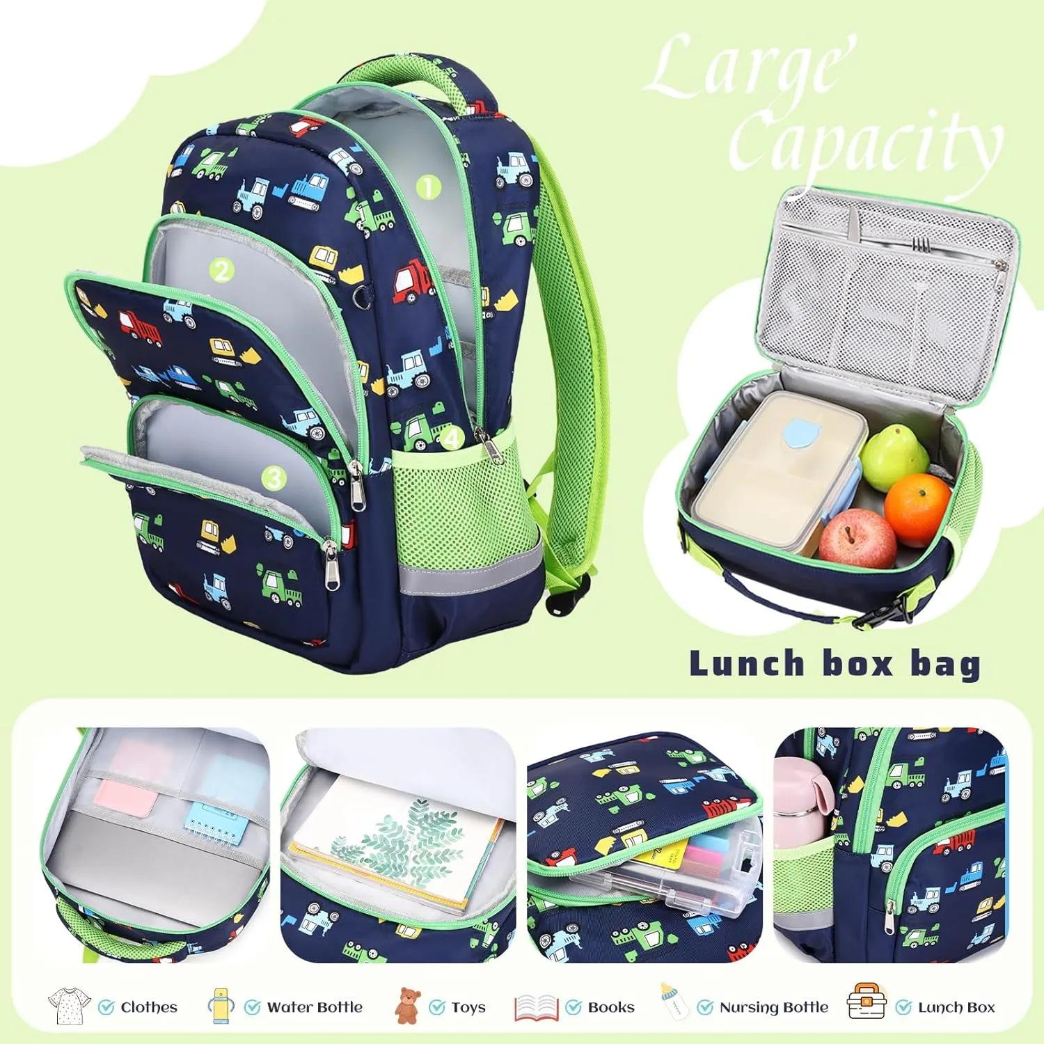 MIRLEWAIY Girls School Backpack Kids for Primary Student with Insulated Lunch Bag Pencil Case, Cute Elf Unicorn 3-Pieces Backpack Set