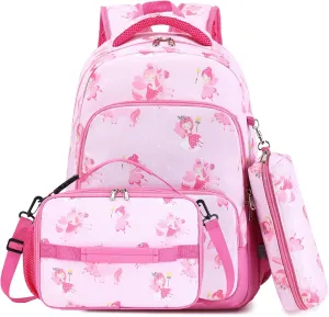 MIRLEWAIY Girls School Backpack Kids for Primary Student with Insulated Lunch Bag Pencil Case, Cute Elf Unicorn 3-Pieces Backpack Set