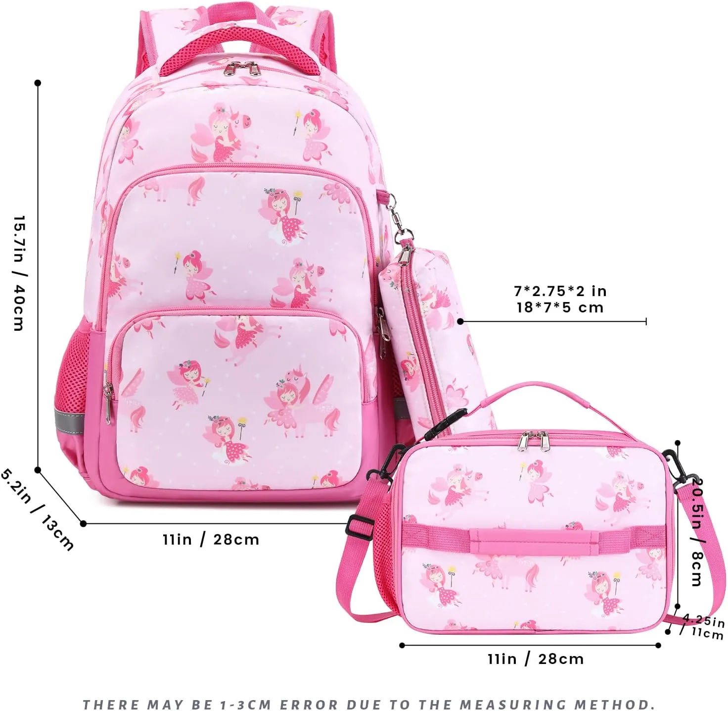 MIRLEWAIY Girls School Backpack Kids for Primary Student with Insulated Lunch Bag Pencil Case, Cute Elf Unicorn 3-Pieces Backpack Set