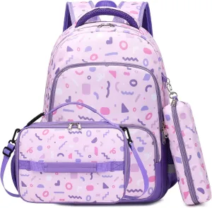 MIRLEWAIY Kids Backpack for School Girls Elementary Student Book Bag with Insulated Lunch Bag Pencil Case, Geometry 3-Pieces Set