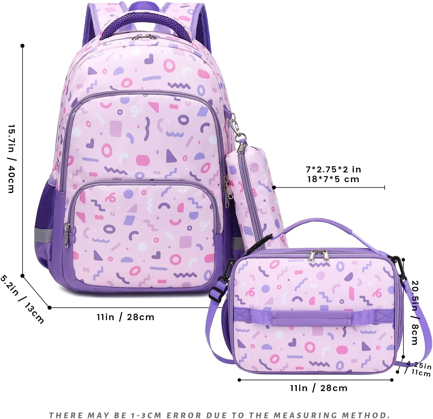 MIRLEWAIY Kids Backpack for School Girls Elementary Student Book Bag with Insulated Lunch Bag Pencil Case, Geometry 3-Pieces Set