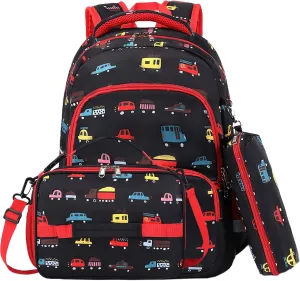 MIRLEWAIY Kids School Backpack for Boys Girls Elementary Student with Insulated Lunch Bag Pencil Bag, 3-Pcs Truck Set