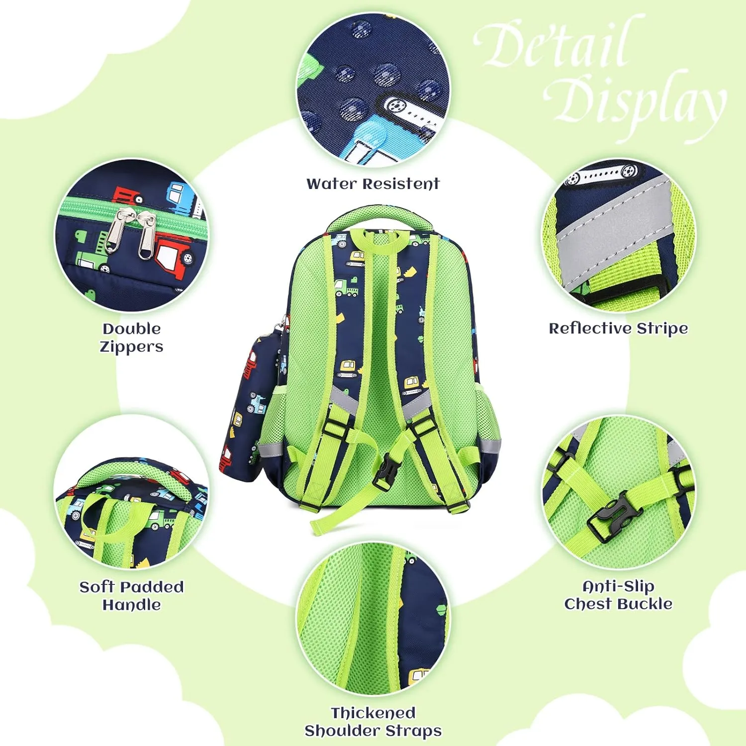 MIRLEWAIY Kids School Backpack for Boys Girls Elementary Student with Insulated Lunch Bag Pencil Bag, 3-Pcs Truck Set