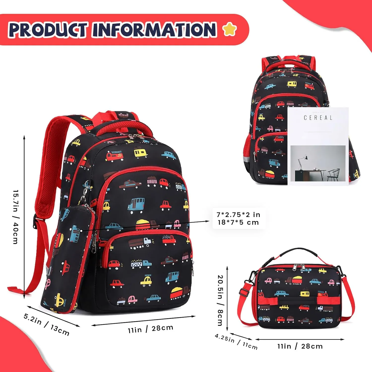 MIRLEWAIY Kids School Backpack for Boys Girls Elementary Student with Insulated Lunch Bag Pencil Bag, 3-Pcs Truck Set