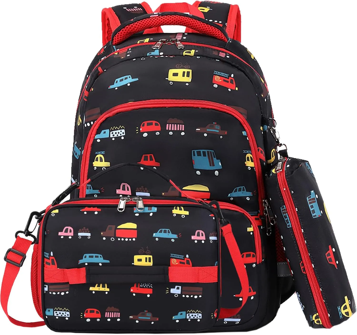 MIRLEWAIY Kids School Backpack for Boys Girls Elementary Student with Insulated Lunch Bag Pencil Bag, 3-Pcs Truck Set