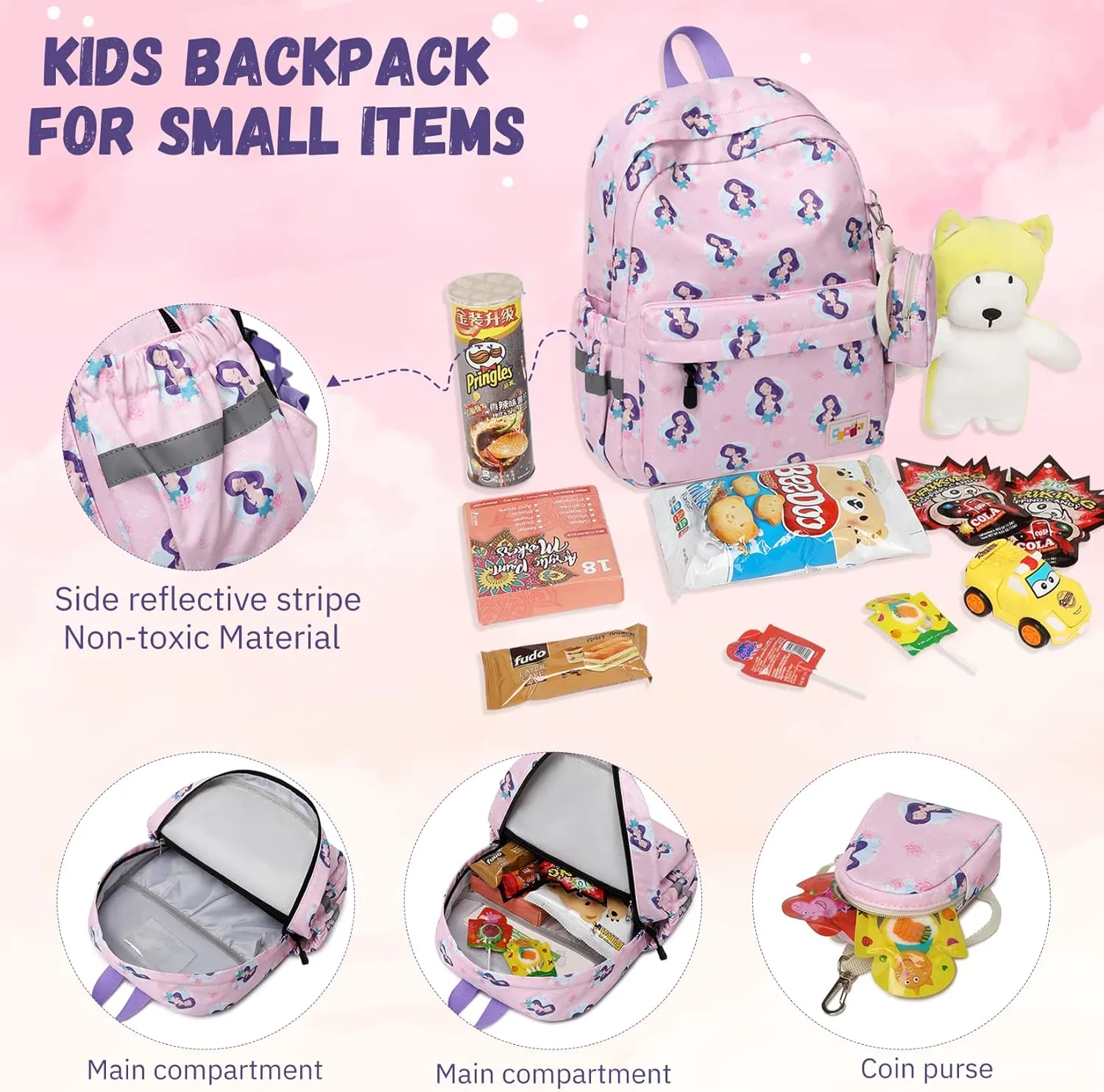 MIRLEWAIY Little Kids Backpack Preschool Cute Kindergarten School Bag for Boys and Girls with Coin Pouch, Hamburger, Pink