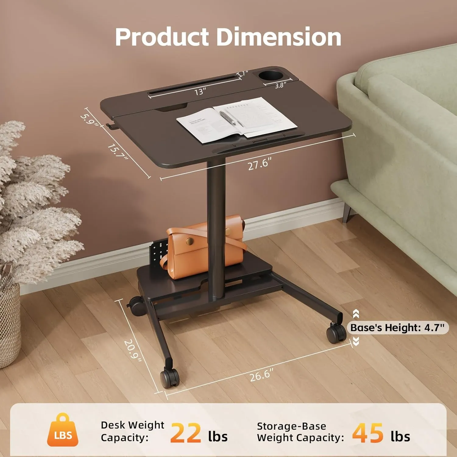 Mobile Standing Desk with Storage Base, 60° Tiltable Rolling Laptop Desk, Height Adjustable Portable Desk with 4 Lockable Wheels for Home Office, Black