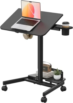 Mobile Standing Desk with Storage Base, 60° Tiltable Rolling Laptop Desk, Height Adjustable Portable Desk with 4 Lockable Wheels for Home Office, Black