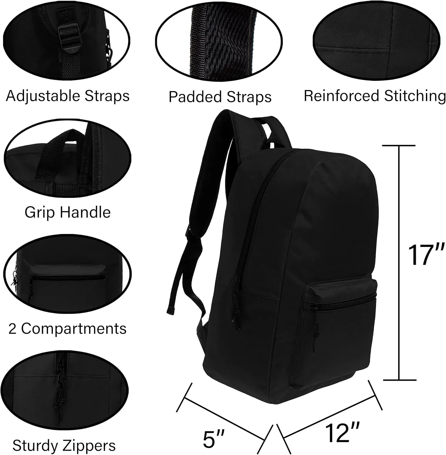 Moda West 17 Inch Bulk Backpacks with 18 Piece School Supplies Kits - Pens, Pencils, Crayons - Case of 12 Wholesale Backpacks in Black Color