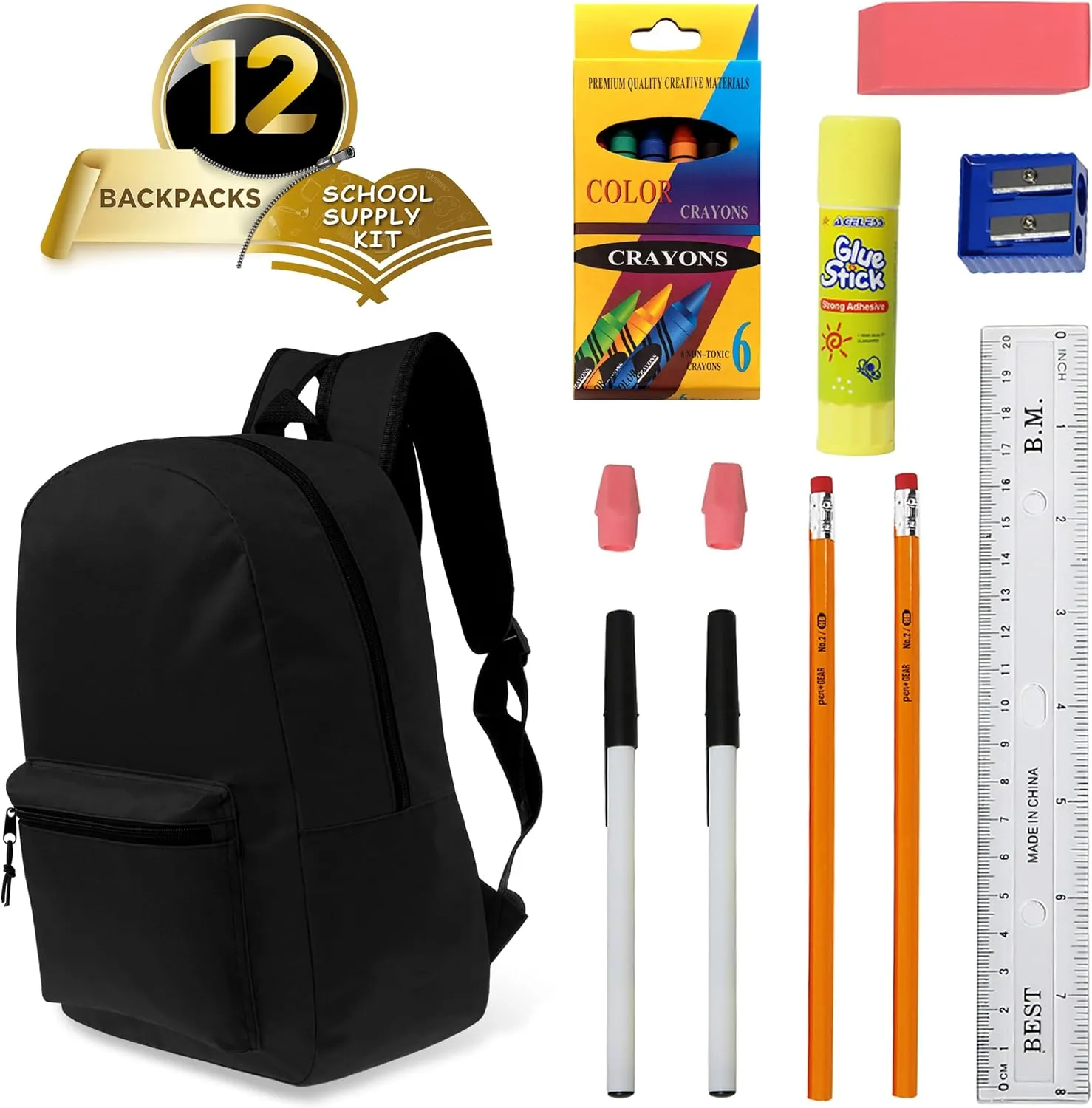 Moda West 17 Inch Bulk Backpacks with 18 Piece School Supplies Kits - Pens, Pencils, Crayons - Case of 12 Wholesale Backpacks in Black Color