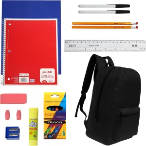 Moda West 17 Inch Bulk Backpacks with 18 Piece School Supplies Kits - Pens, Pencils, Crayons - Case of 12 Wholesale Backpacks in Black Color