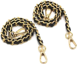 Model Worker 2-PACK 1/2" Wide 23.6" Leather Iron Flat Chain Strap Handbag Chains Accessories Purse Straps Shoulder Replacement Straps with Metal Buckles (Black Strap Gold Chain)