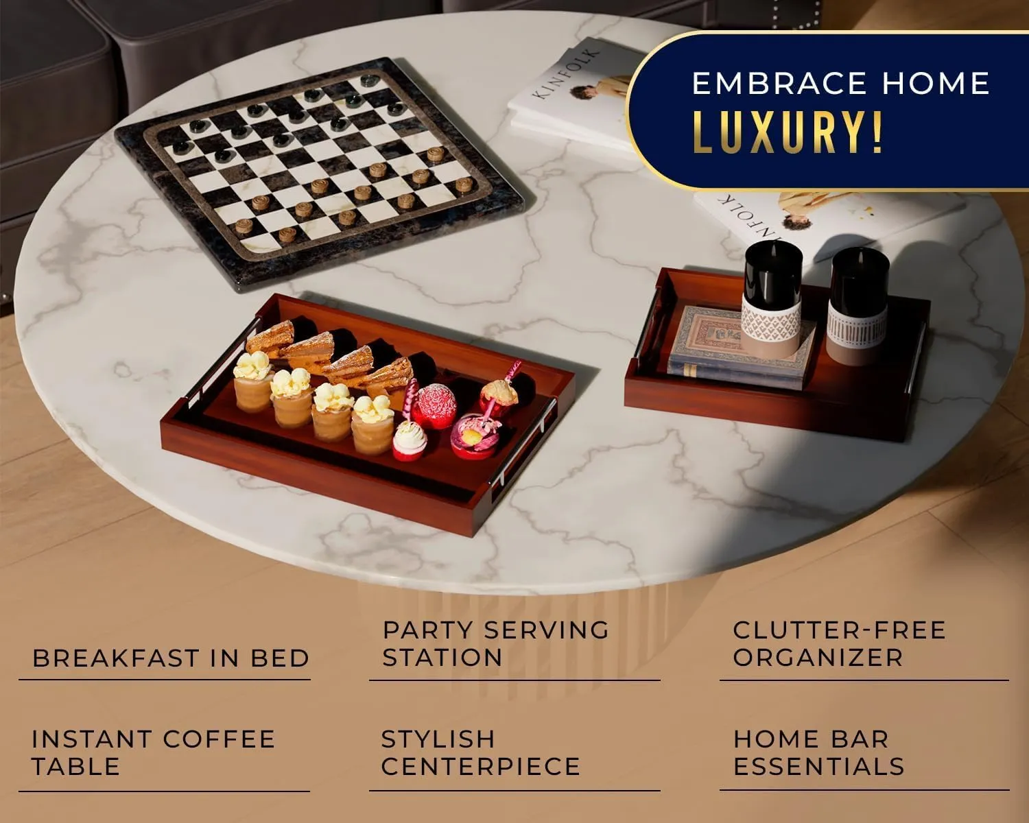 Modern Bamboo Serving Tray with Metal Handles – Stylish Wooden Ottoman Tray for Entertaining & Serving Food - Dark Brown, Eco-Friendly and Versatile Design