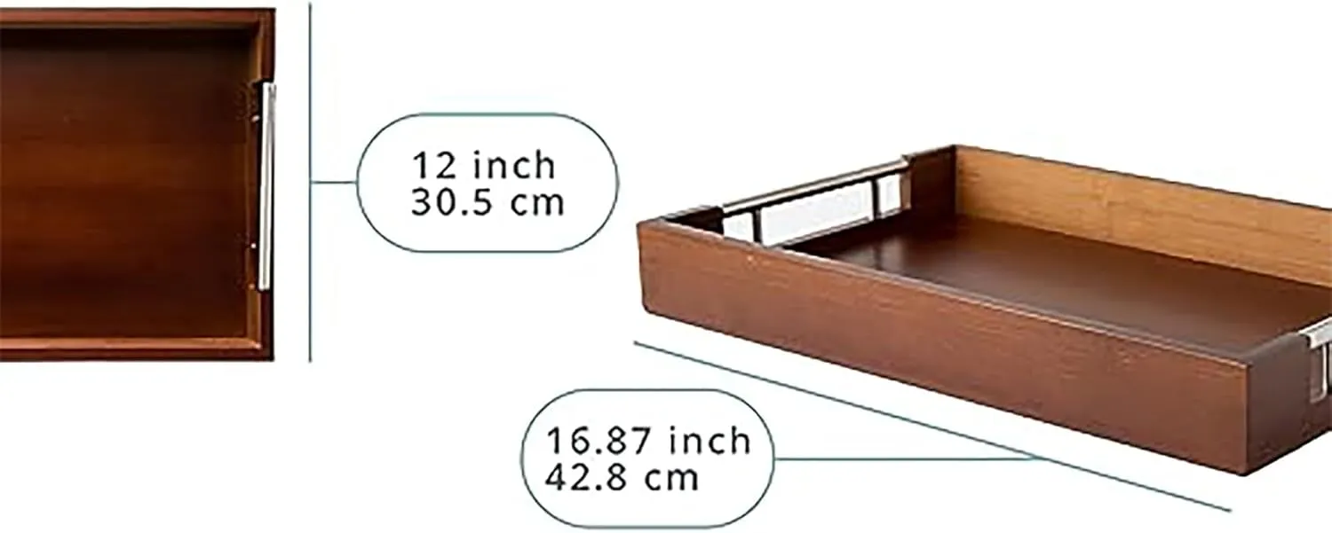 Modern Bamboo Serving Tray with Metal Handles – Stylish Wooden Ottoman Tray for Entertaining & Serving Food - Dark Brown, Eco-Friendly and Versatile Design