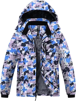 MoFiz Boys Waterproof Skiing Jacket Kids Hooded Fleece Winter Snowboard Jackets Windproof Warm Outerwear with Zip Pockets