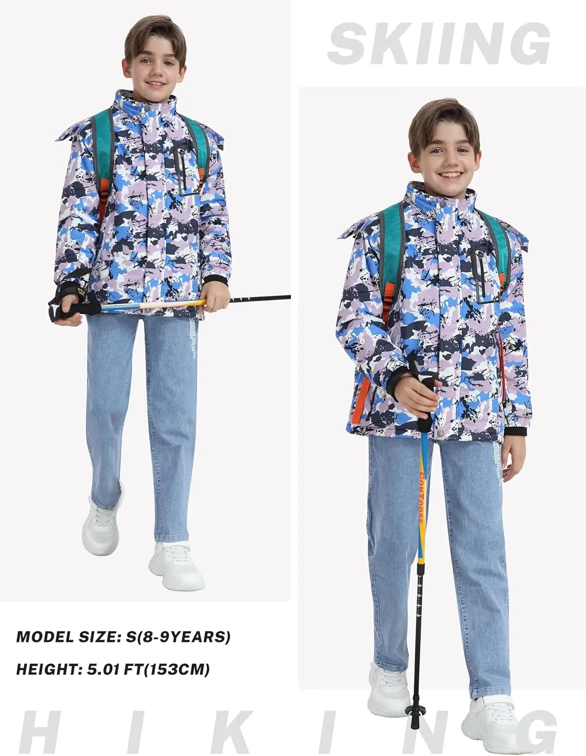 MoFiz Boys Waterproof Skiing Jacket Kids Hooded Fleece Winter Snowboard Jackets Windproof Warm Outerwear with Zip Pockets