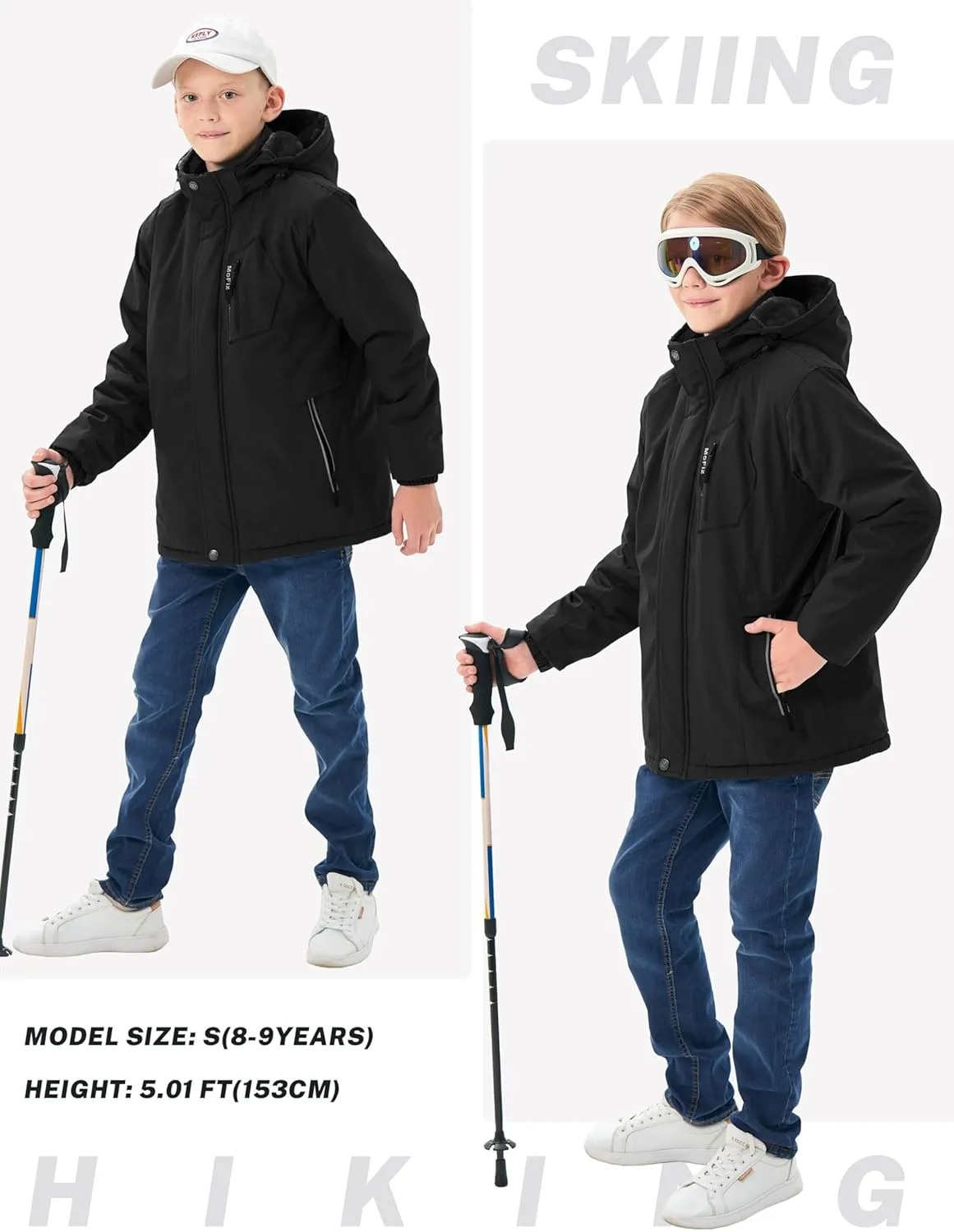 MoFiz Boys Waterproof Skiing Jacket Kids Hooded Fleece Winter Snowboard Jackets Windproof Warm Outerwear with Zip Pockets