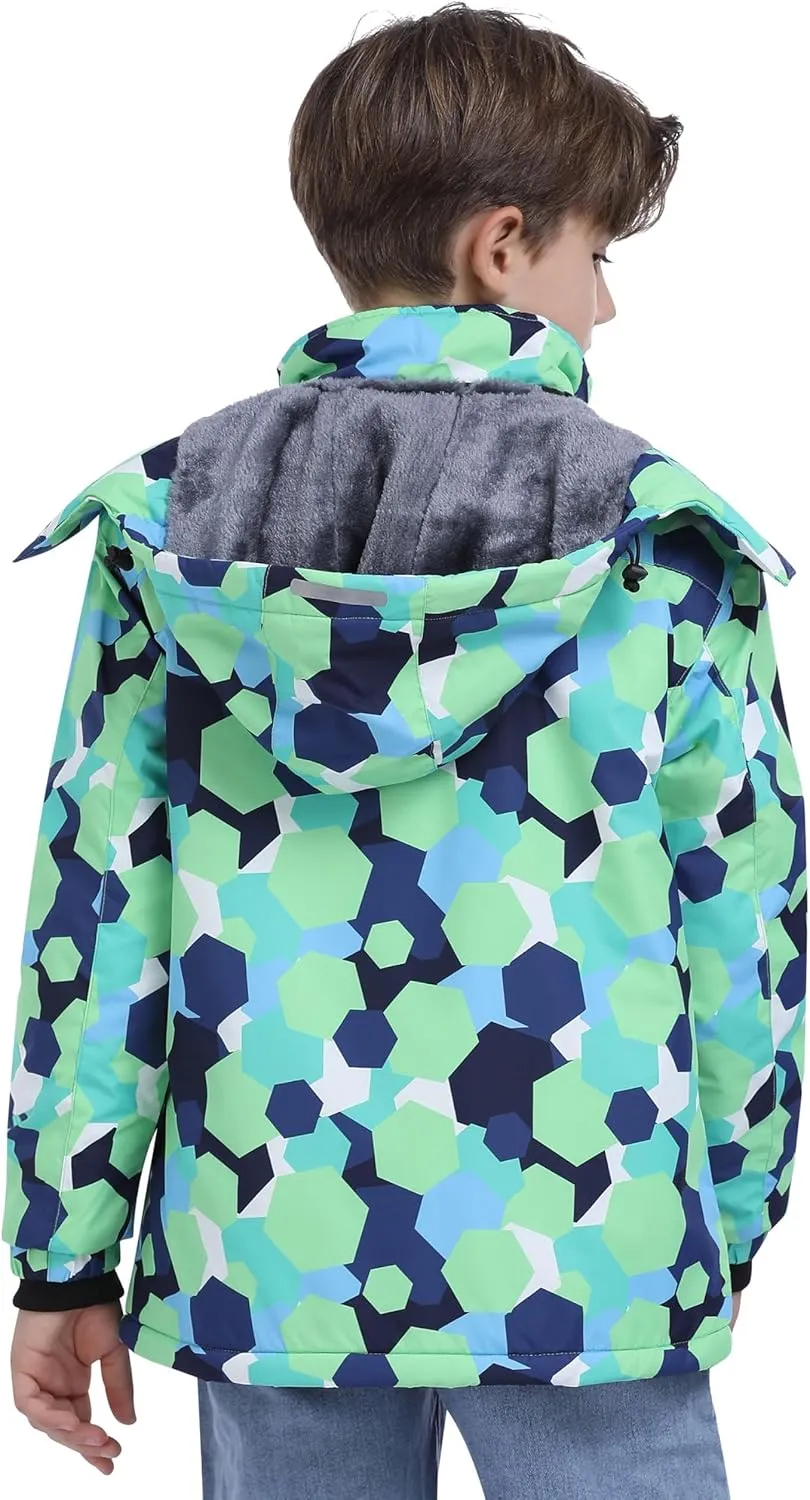 MoFiz Boys Waterproof Skiing Jacket Kids Hooded Fleece Winter Snowboard Jackets Windproof Warm Outerwear with Zip Pockets