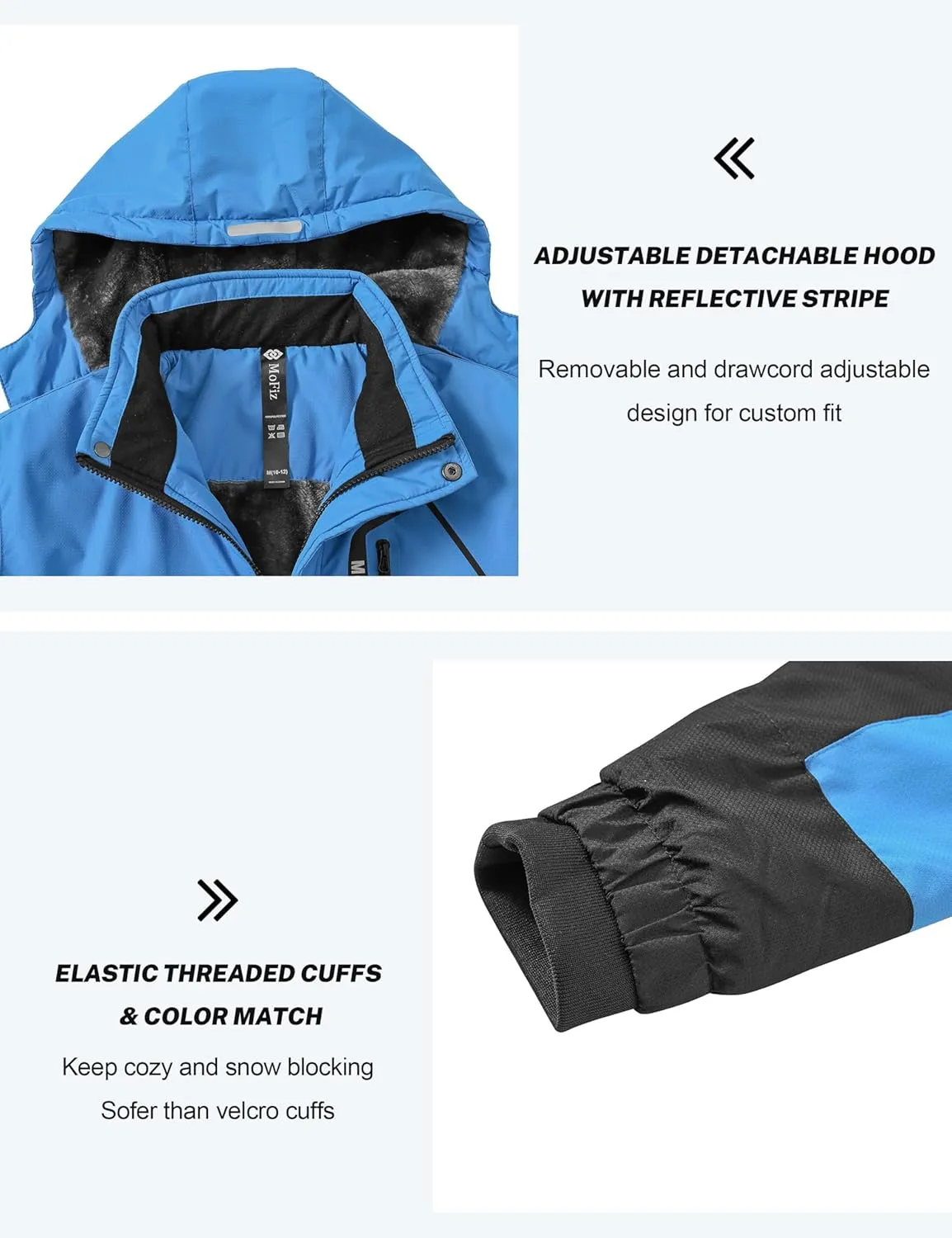 MoFiz Boys Waterproof Skiing Jacket Kids Hooded Fleece Winter Snowboard Jackets Windproof Warm Outerwear with Zip Pockets