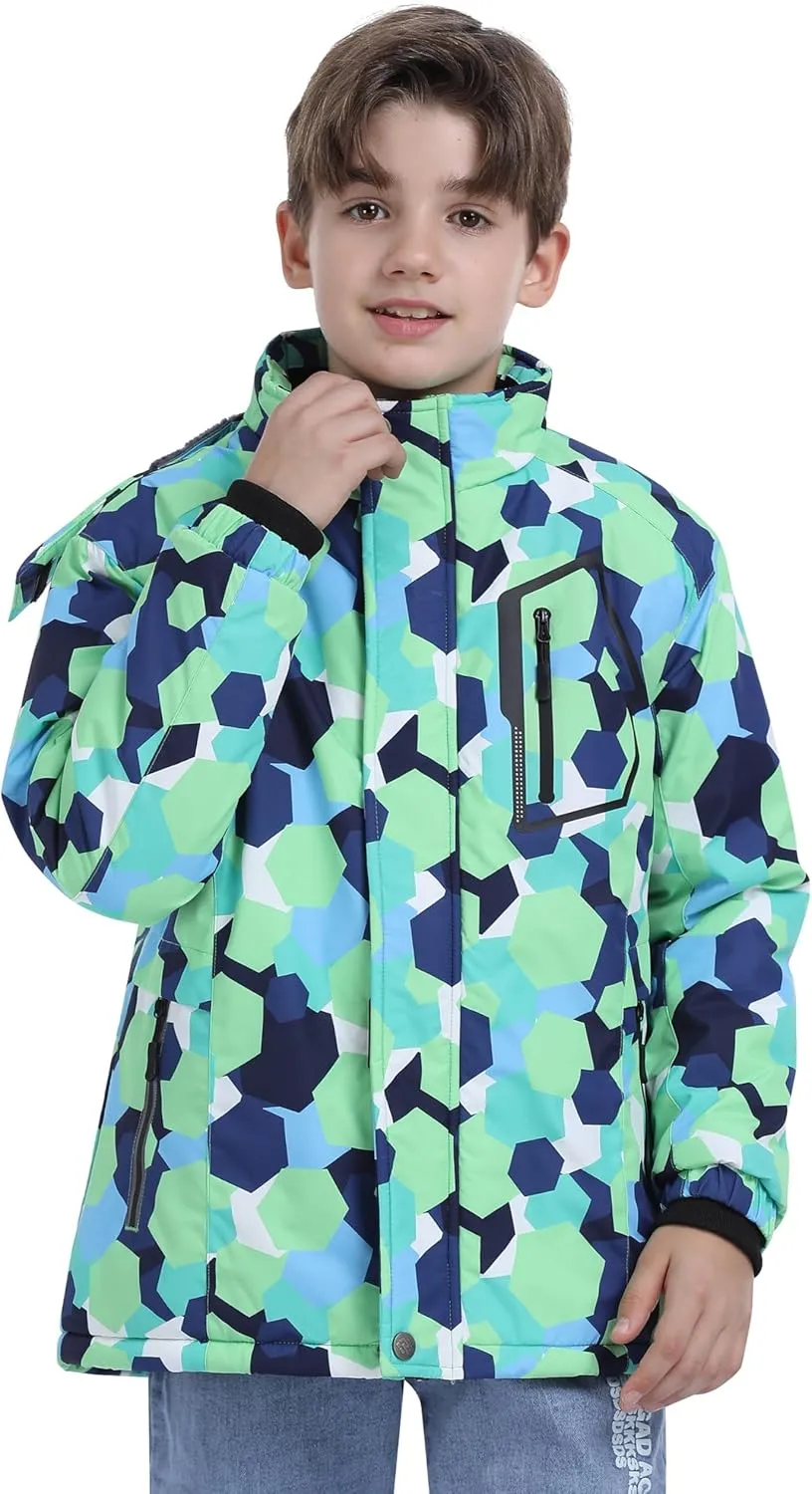 MoFiz Boys Waterproof Skiing Jacket Kids Hooded Fleece Winter Snowboard Jackets Windproof Warm Outerwear with Zip Pockets