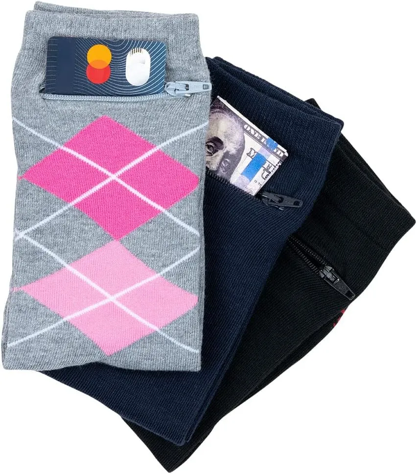 Moisture Wicking Crew Socks - Anti Pickpocket Dress Socks for Women and Men w/Hidden Pocket