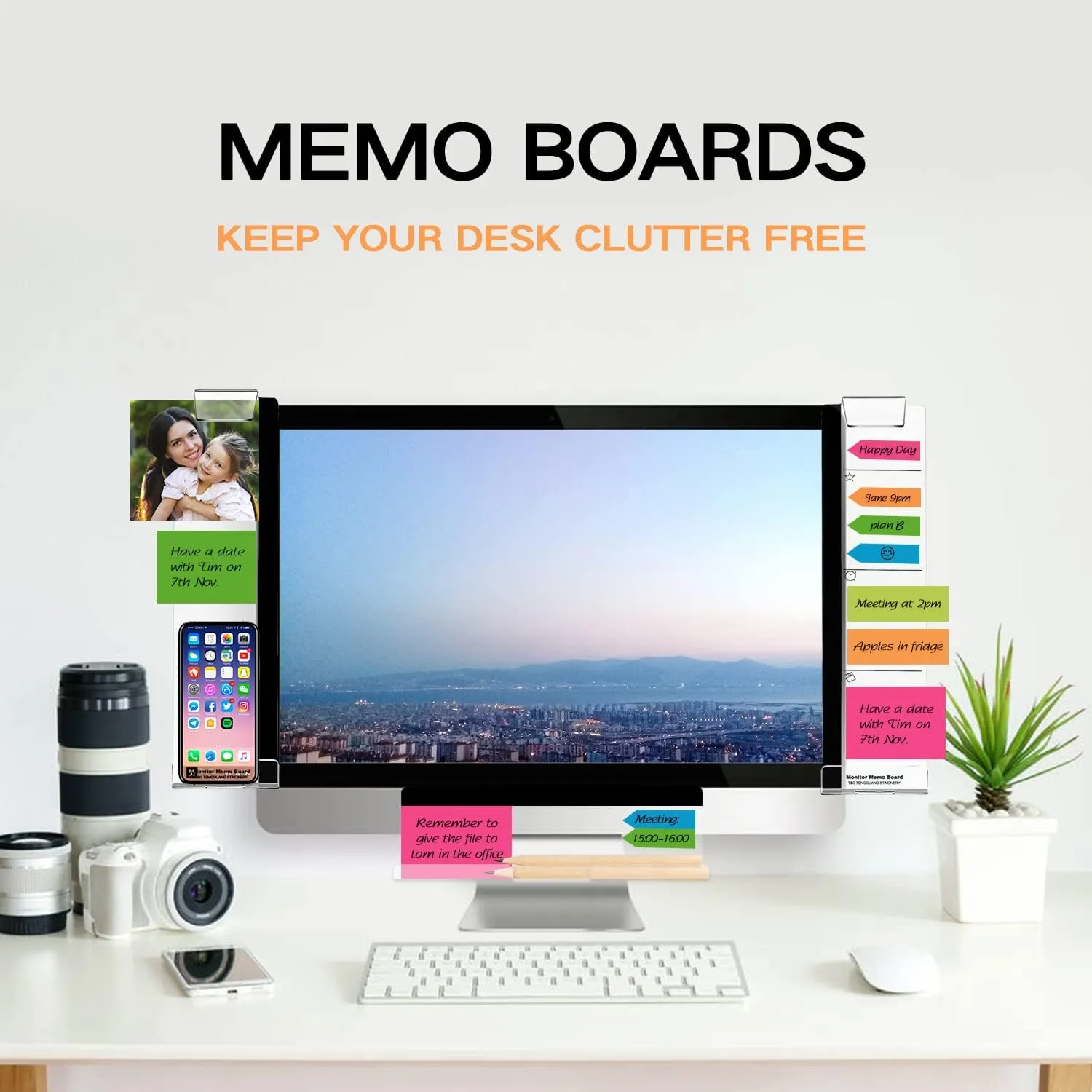 Monitor Memo Boards for Computer, Set of 3 (Left & Right & Bottom) Multifunction Acrylic Screen Message Reminder Pad Side Panels Phone Holder - Utility Organizer for Office Desktop, with Sticky Notes